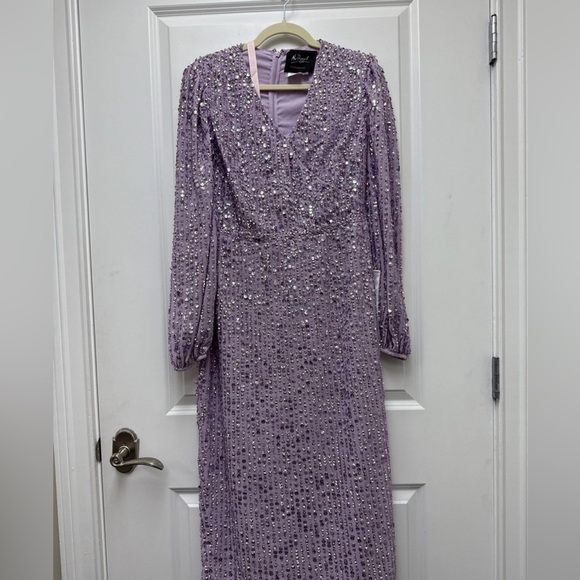 NWT Mac Duggal Purple Sequined Puff Sleeve V Neck Midi Lavender 14 - Picture 4 of 8